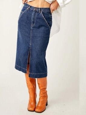 We The Free Wild Roses MIDI Denim Skirt Dark Indigo